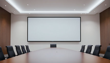 Interior of a conference room with a large white screen on the wallの素材
