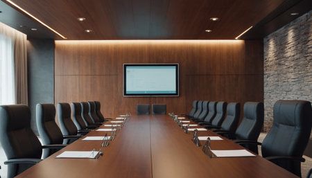 Interior of modern conference room with wooden walls. 3D renderingの素材
