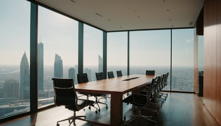 Modern meeting room with panoramic view of skyscrapers.の素材