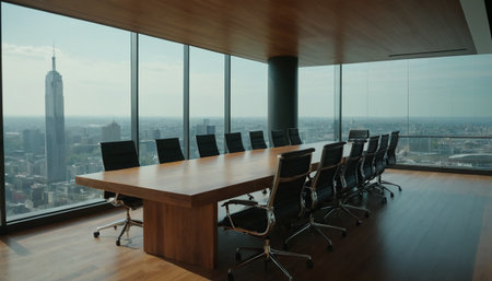 Modern conference room with panoramic view on the skyscrapersの素材