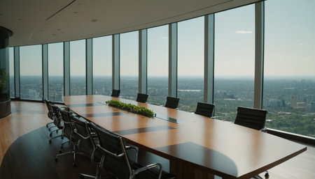 Business meeting room with panoramic view of cityscape in Singaporeの素材