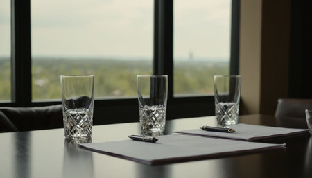 Empty glasses on a table in a restaurant with a view of the cityの素材