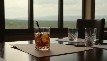 Glass of whiskey with ice cubes on table in cafe, closeupの素材