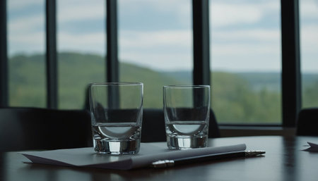 Empty glasses on a table in a restaurant with a view of the mountainsの素材