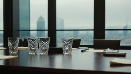 empty glasses on the table in a conference room with city view backgroundの素材