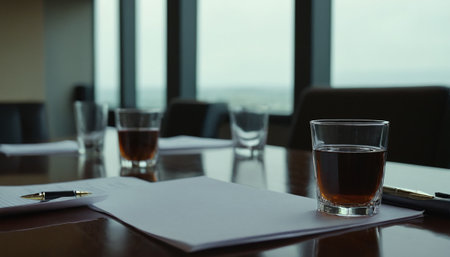 Close-up of glasses of whiskey on table in conference room.の素材