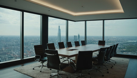 Meeting room with panoramic view of New York City.の素材