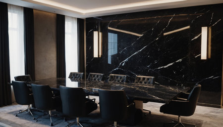 Modern conference room interior with black and white marble walls, concrete floor and rows of black armchairs. 3d renderingの素材