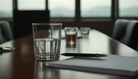 Glass of water and pen on the table in a meeting room.の素材