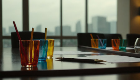Office table with pen and glass of water. Selective focus.の素材