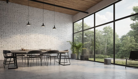 Interior of modern dining room with brick wall and concrete floor. 3d renderingの素材