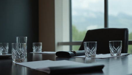 Close up of a table and chairs in a modern meeting room.の素材