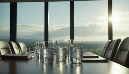 Empty glasses of water on table in conference room. 3d renderingの素材