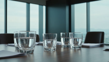 Glasses of water on table in conference room, closeup viewの素材