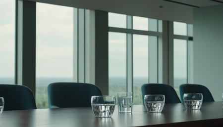 Empty glass table and chairs in modern meeting room with panoramic windowの素材