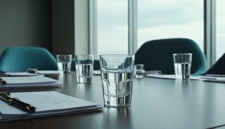 Glasses of water on table in conference room, closeup viewの素材