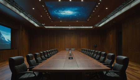 Empty conference room with wooden table and chairs. 3d rendering.の素材