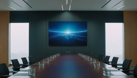 Conference room interior with big screen on the wall. 3D Renderingの素材