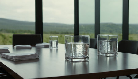 Glass of water on the table in the meeting room with nature backgroundの素材