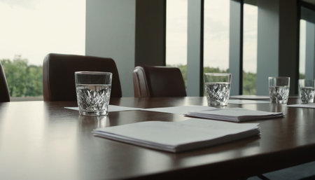 empty table and glass of water on meeting room background,business conceptの素材