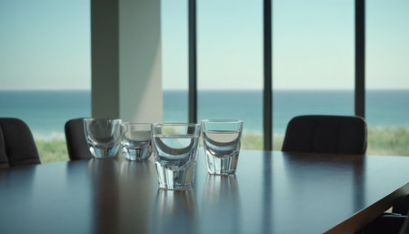 Table with glasses of water on table in meeting room with sea viewの素材