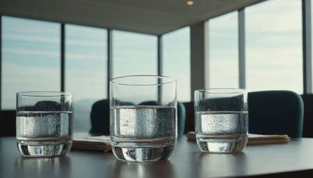 Glass of water on a table in a hotel room with a panoramic windowの素材