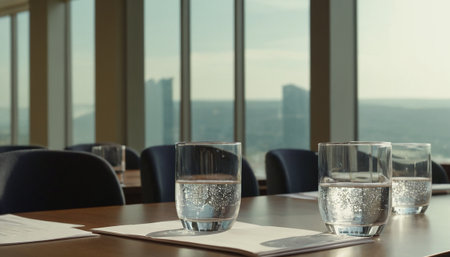 Glass of water on table in meeting room with panoramic window.の素材