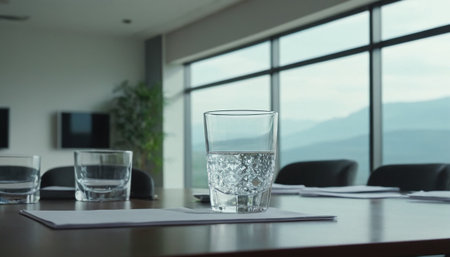 empty glass of water on table in meeting room, business meeting conceptの素材