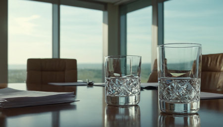 empty glasses on the table in a modern office at sunrise or sunsetの素材
