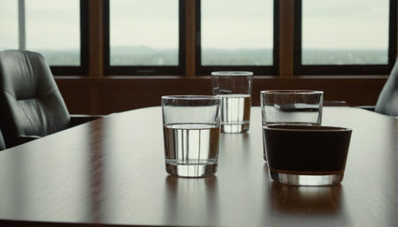Three glasses of water on the table in a meeting room with large windowsの素材
