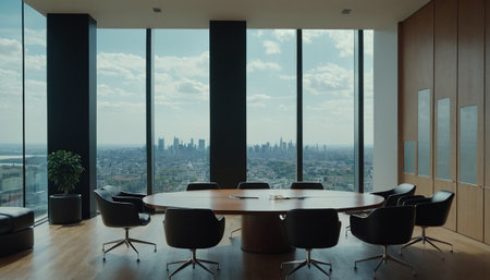 Modern conference room with panoramic city view. 3D Renderingの素材
