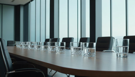Empty conference room with glass of water in front of the large windowの素材