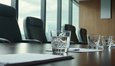 A glass of water on a table in a modern conference room.の素材