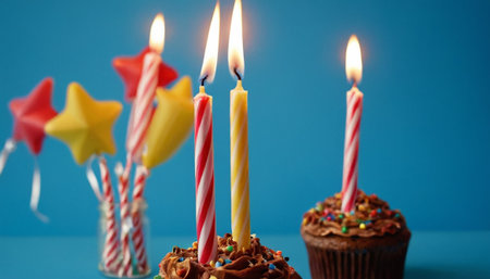 Birthday cupcakes with candles and stars on blue background. Selective focusの素材