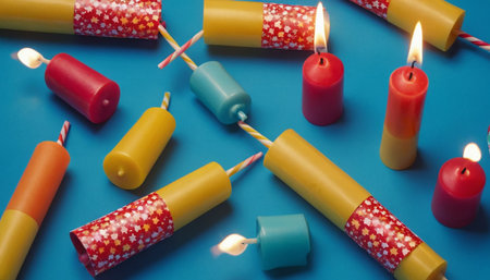 Birthday candles on blue background. Flat lay, top view.の素材