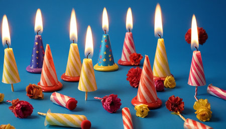 Birthday candles with colorful paper flowers and ribbons on blue backgroundの素材