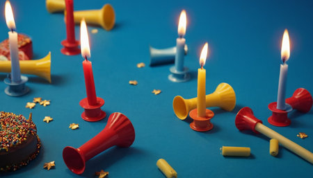 Birthday cake with candles on blue background. Selective focus.の素材
