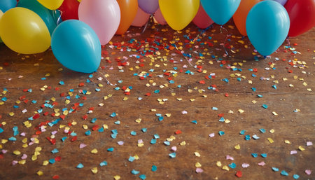 Colorful balloons and confetti on wooden table, celebration concept.の素材