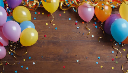 Colorful balloons and confetti on wooden background, space for textの素材
