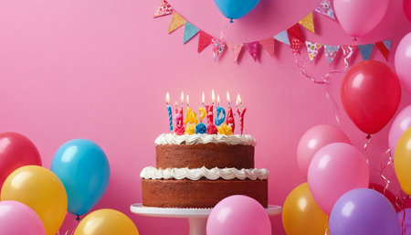 Birthday cake with candles and balloons on pink background, copy spaceの素材