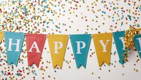 Happy birthday party with colorful confetti and garland on white backgroundの素材