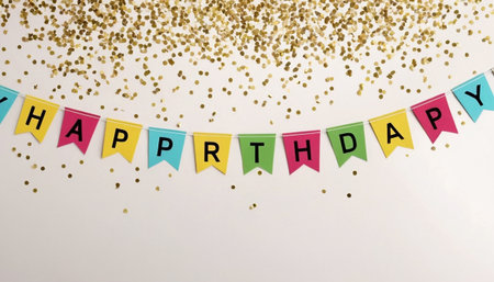 Happy Birthday Party Decoration on a white background with gold confettiの素材