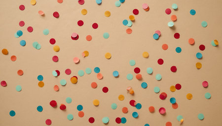Colorful confetti on brown paper background. Flat lay, top view.の素材