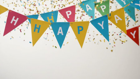Colorful party flags with confetti on white background. Happy Birthdayの素材