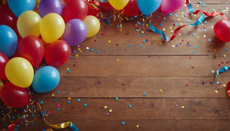 Colorful balloons and confetti on wooden background, space for textの素材