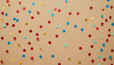 Colorful confetti on brown background. Flat lay, top viewの素材