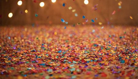 Colorful confetti background with bokeh lights and copy spaceの素材
