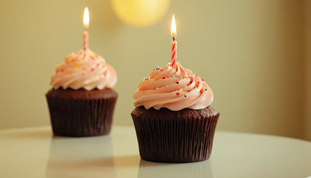 Delicious cupcakes with burning candles on table indoors, closeupの素材