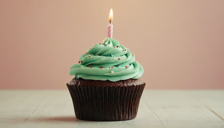 Delicious birthday cupcake with burning candle on table against color backgroundの素材