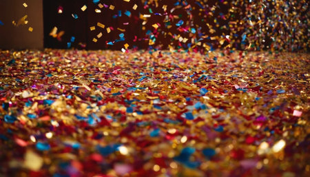 Colorful confetti and tinsel on the floor at a partyの素材